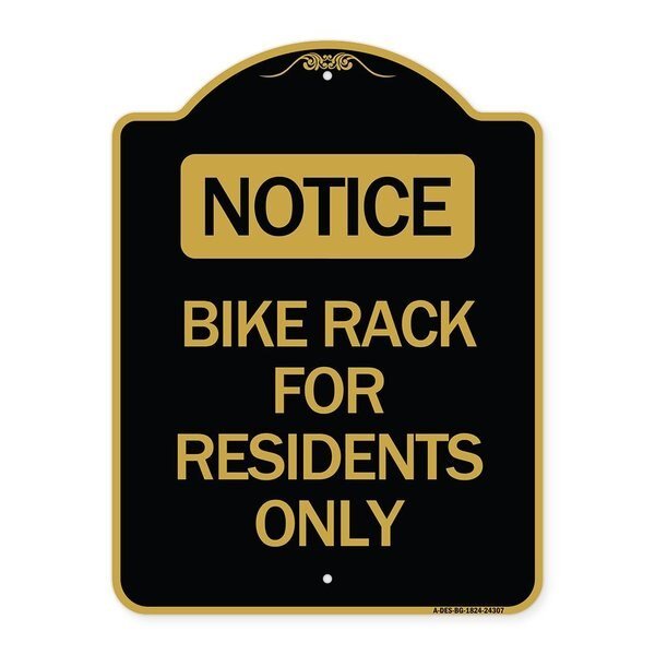 Designer Series Bike Rack for Residents Only, Black & Gold Aluminum Sign, 18